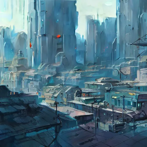 Image similar to matte painting scenery, futuristic town, cyberpunk style, barren, fantasy game, 3D cell shaded, scenery game concept art, official fanart, Anime by Ian McQue and ilya kuvshinov and Cushart Krentz and Gilleard James, 4k, HDR, Trending on artstation, Behance, award winning