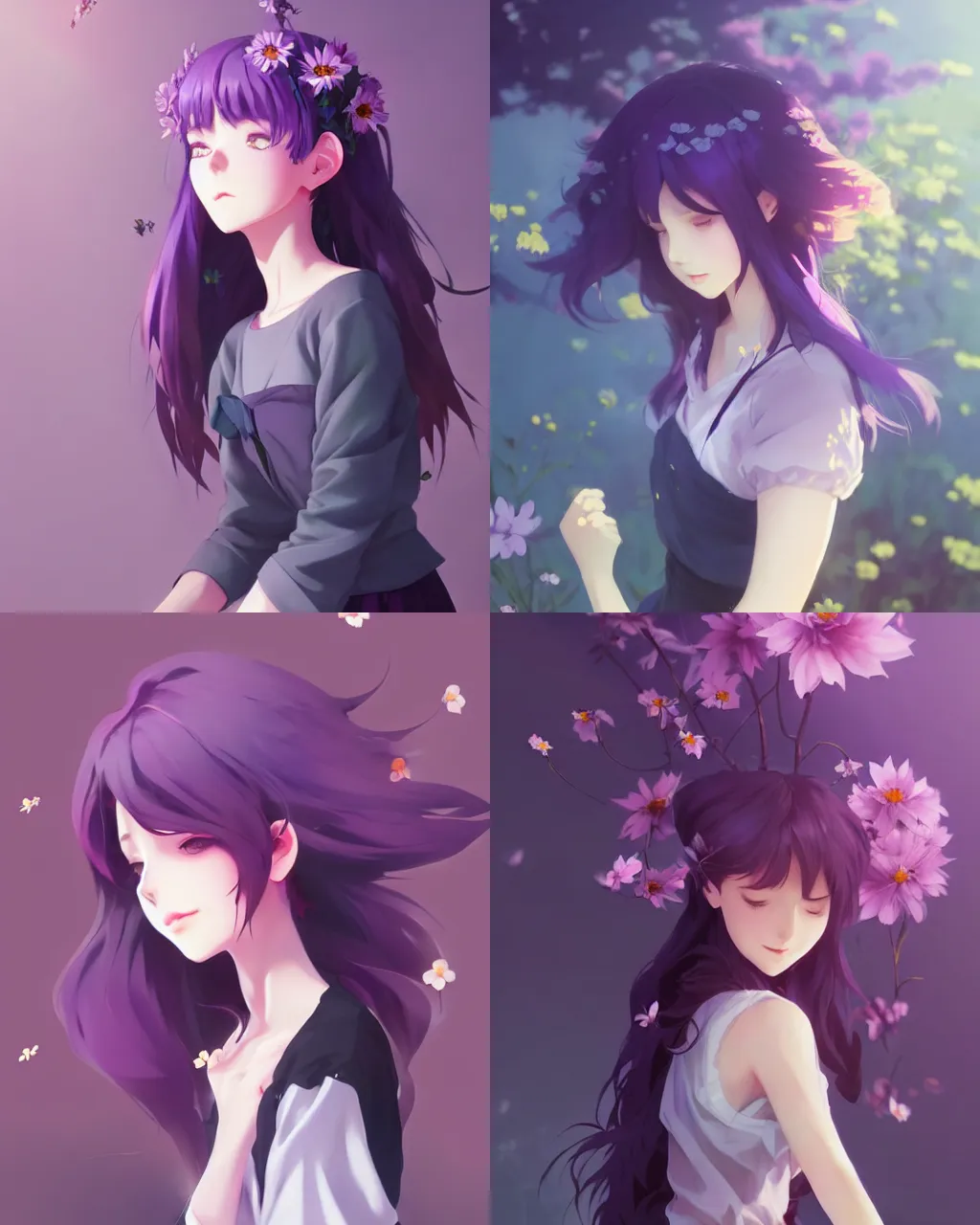 Prompt: girl with purple hair and black skirt, there are many flowers around, a beautiful half body illustration, top lighting, perfect shadow, soft painting, art by hidari and makoto shinkai and wenjun lin