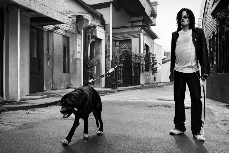 Prompt: photography of michael jackson standing up in the streets of neighborhood with a dog, dynamic lighting, cinematic, high resolution, high details, hyperrealistic