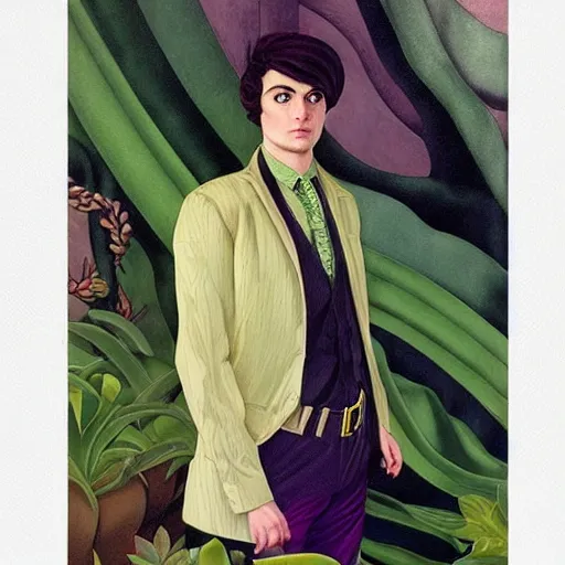 Image similar to Young Spanish man is Super Spy Captain, the Electric Boy, Art by Joshua Middleton, socks, Rene Magritte, succulent plants Chalk white skin, deep purple hair, Green eyes, Orange background, Mucha, Portrait of the man, surreal, ,carbon black and antique gold