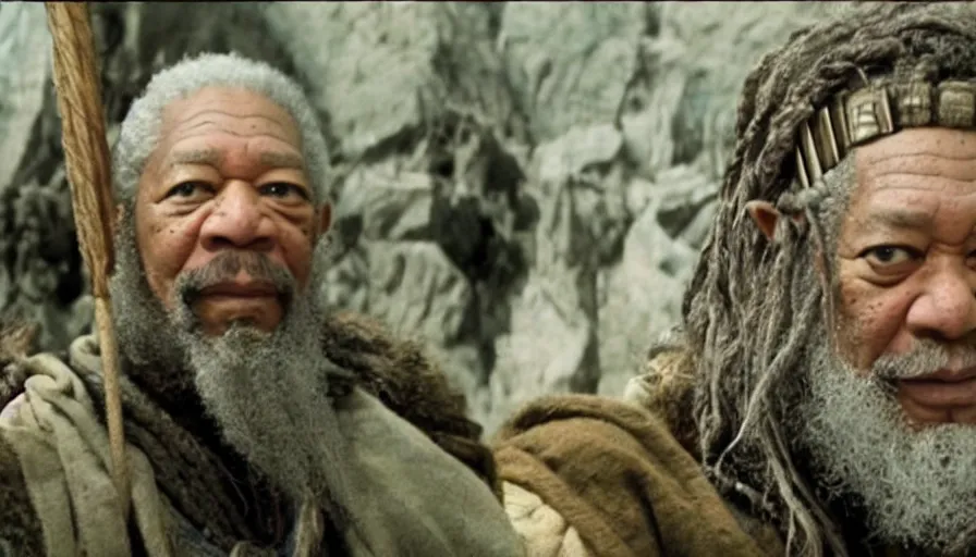 Image similar to morgan freeman as gimli in lord of the rings, cnn news footage taken from above.