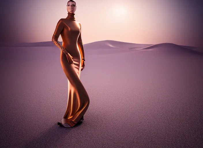 Image similar to futuristic dress for the dessert, dune style, fashion design, xf iq 4, 1 5 0 mp, 5 0 mm, iso 2 0 0, 1 / 1 6 0 s, realistic, natural light, octane render, adobe lightroom, rule of thirds, symmetrical balance, depth layering, polarizing filter, sense of depth, ai enhanced