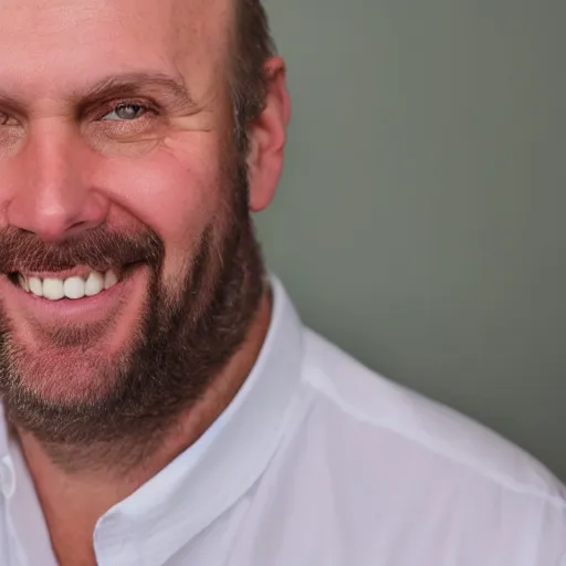 Image similar to color photograph of a balding, middle aged, brown haired, hairy, blue eyed, round faced, short white man dressed in a white shirt, smiling at the camera with perfect, straight white teeth