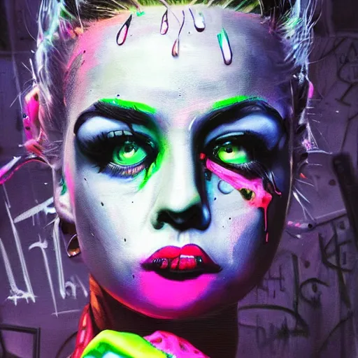 Prompt: splashes of neon, punk portrait made out of paint, trending on artstation, epic composition, emotional, beautiful, rendered in octane, highly detailed, realistic, tim burton comic book art