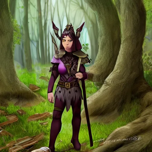 Image similar to athena as a medieval fantasy wood elf, dark purplish hair tucked behind ears, wearing a green tunic with a fur lined collar and brown leather armor, wide, muscular build, scar across nose, one black, scaled arm, cinematic, character art, digital art, forest background, realistic. 8 k