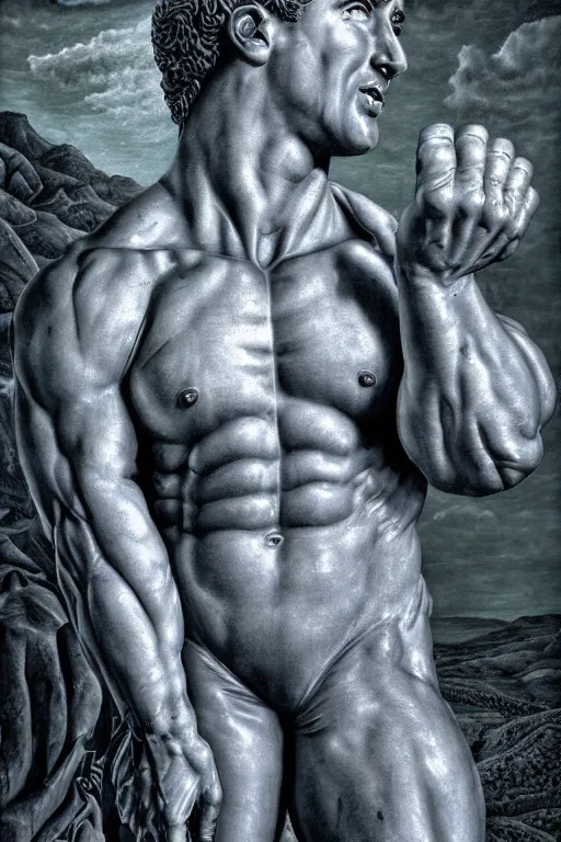 Image similar to hyperrealism billy herrington as a marble statue in ukrainian odessa wallpaper in style of rob gonsalves and giger and araki nobuyoshi