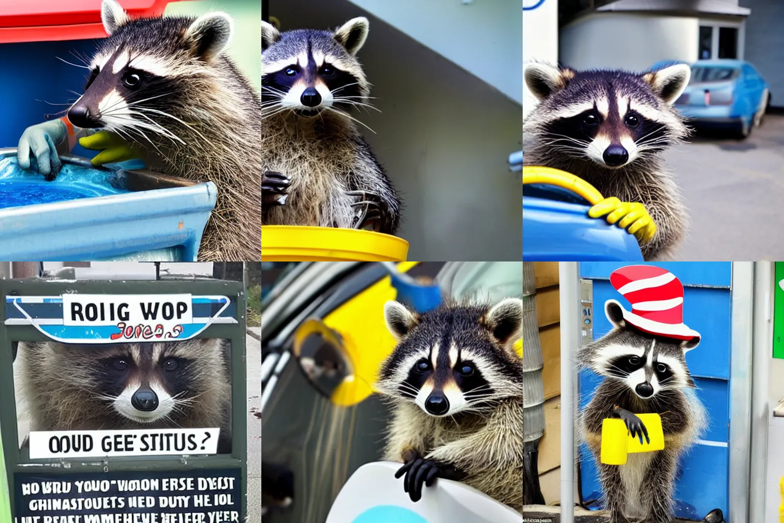 Prompt: raccoon working at a car wash in the style of dr seuss