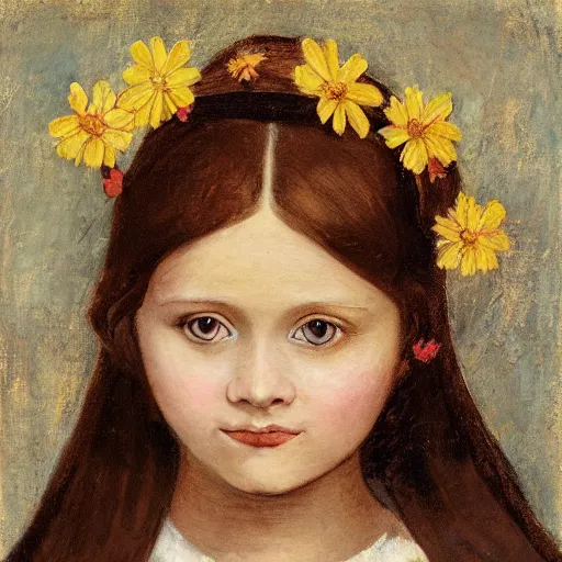 Image similar to “portrait of brownhair medieval child girl with flowers over her head, artwork, academic, sharp focus”