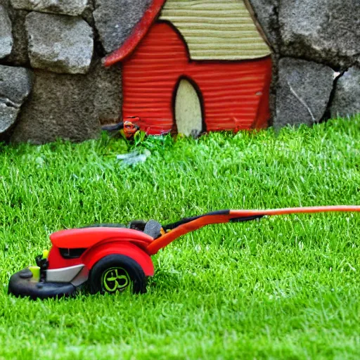 Prompt: a mouse using a tiny lawnmower. The mouse mows the lawn Infront of it's apple house. The house is carved into an apple.