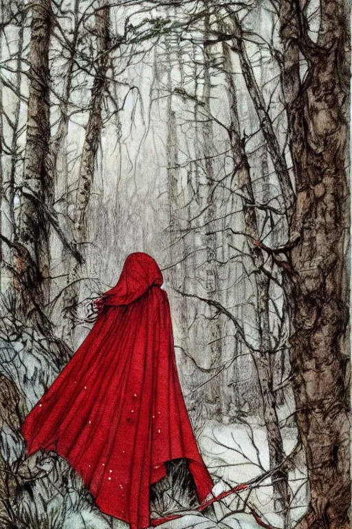 Prompt: detailed red riding hood lost in a winter forest, fantasy art, trending on artstation, fairytales, art by luis royo and walter crane and kay nielsen, watercolor illustration,