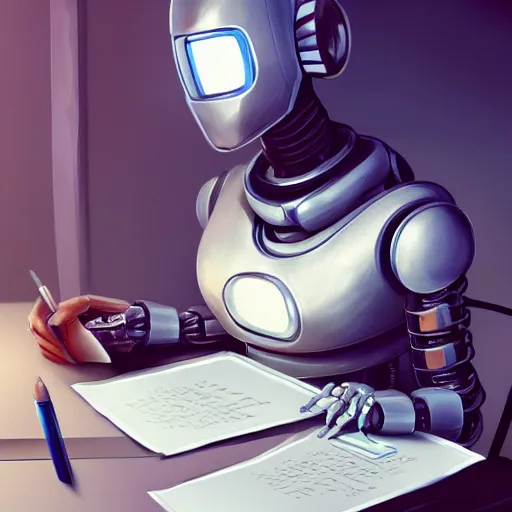 Image similar to a robot sat at a table writing a letter, intricate, cinematic lighting, highly detailed, digital painting, artstation, concept art, smooth, sharp focus, illustration