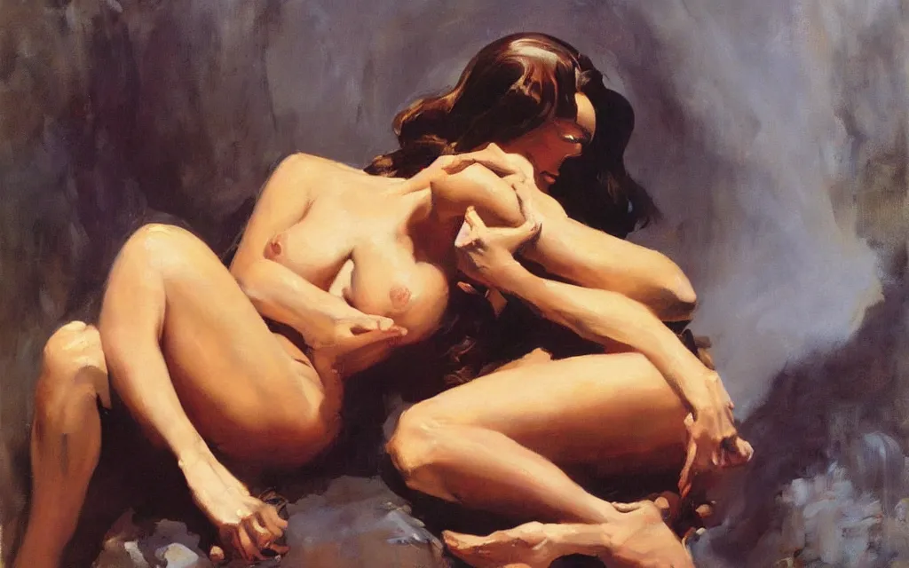 Image similar to frank frazetta paints his muse, eleanor frazetta, oilpainting, smooth,