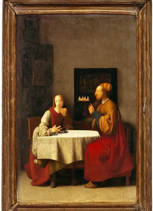 Image similar to a candlelit table at the inn, evening, dark room, two young people sitting at the table, swirling smoke, dark smoke, realistic, in the style of leonardo da vinci, dutch golden age, amsterdam, medieval painting by jan van eyck, johannes vermeer, florence