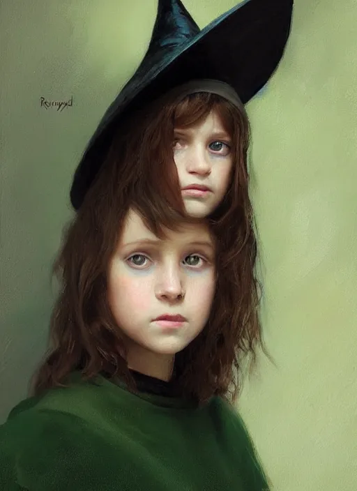 Image similar to a portrait of a thirteen year old girl with brown hair and a stern expression. she is wearing a green dress and a black pointed witch hat. beautiful painting with highly detailed face by greg rutkowski and raymond swanland