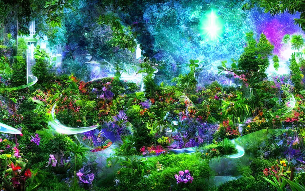 Prompt: techno - spiritual utopian futurist garden, perfect future, award winning digital art