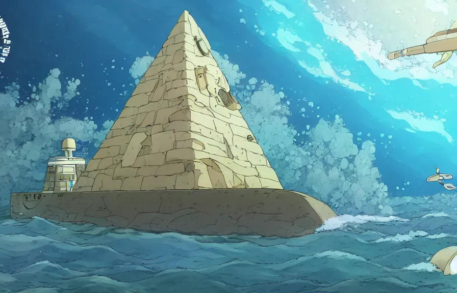 Prompt: a realistic studio ghibli cell shaded cartoon showing a submarine in front of a white pyramid with a gold capstone underwater at the bottom of the sea. wide shot, very dull muted colors, hd, 4 k, hq