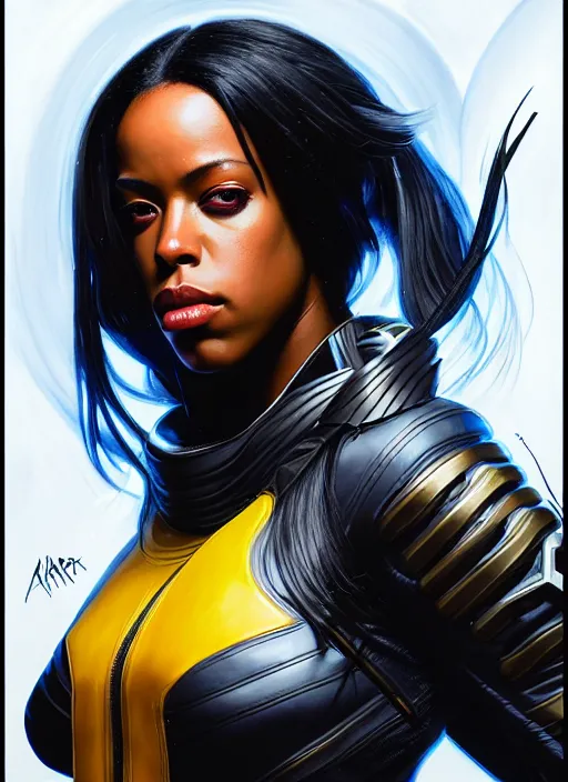 Image similar to portrait of apex legends aaliyah haughton, x - men, storm, elegant, electricity archs, lightning strikes, rippling electromagnetic, highly detailed, digital painting, artstation, glamor pose, concept art, smooth, sharp focus, illustration, art by artgerm and greg rutkowski, artey freytag