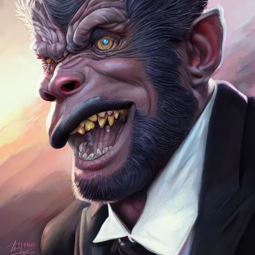 Prompt: portrait of a half ogre half man in a tuxedo, cinematic lightning, d & d, fantasy, highly detailed, digital painting, sharp focus, illustration, art by artgerm and greg rutkowski and magali villeneuve