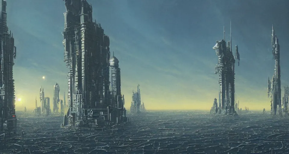 Image similar to view on futuristic city in the horizon, illustration by les edwards, detailed, sharp, masterpiece, 8 k