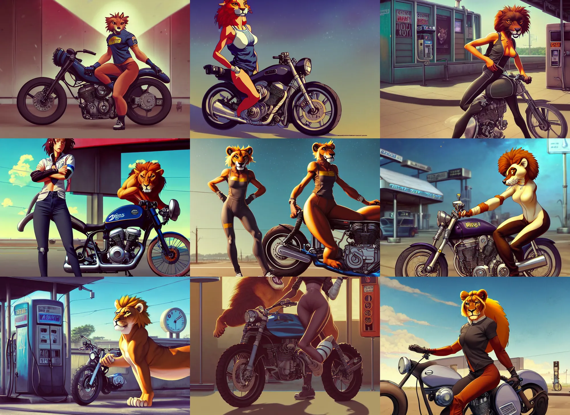 Prompt: wide angle beautiful full body portrait of a strong female anthropomorphic anthro lioness fursona sports biker at an old gas station. character design by disney, anime, manga, charlie bowater, ross tran, artgerm, and makoto shinkai, detailed, soft lighting, rendered in octane