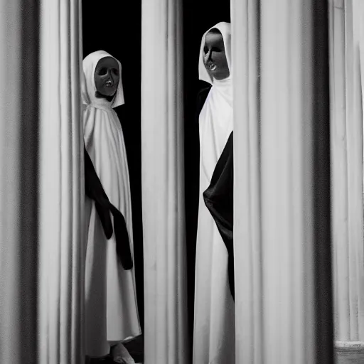 Image similar to nightmare vision, depth of field. black and white, award winning photo of smiling levitating twin nuns, wearing translucent sheet, Mary in a sanctuary, mirror hallways, eerie, tall columns, faces emerging from columns, frightening, highly detailed 8k —width 1024 —height 1024