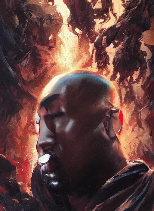 Prompt: Portrait of Kanye West defeating Pete Davidson, marvel comics, dark, intricate, highly detailed, smooth, artstation, digital illustration by Ruan Jia and Mandy Jurgens and Artgerm and Wayne Barlowe and Greg Rutkowski and Frank Frazetta