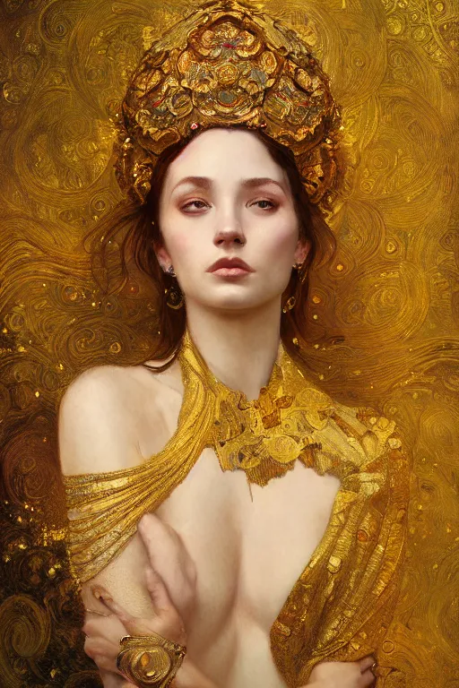 Prompt: an intricate painting of a beautiful young lady with an artistic sensual pose with klimt golden motives and textures, hyper detailed, ornamental gold headpiece, octane render, vivid colors, artstation, by jeremy mann, by alphonse mucha, by boris vallejo