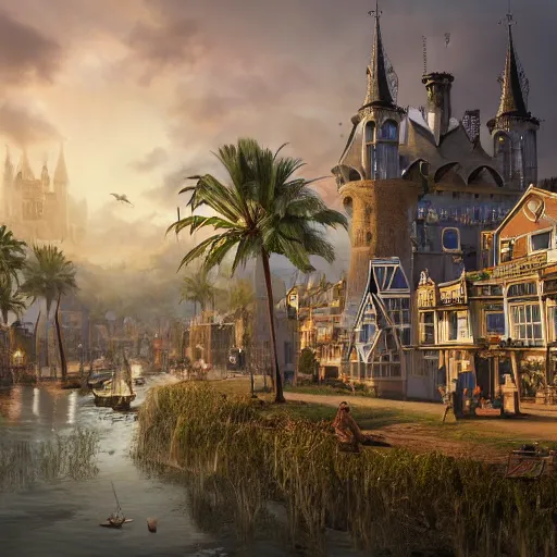 Image similar to a seaside magical village with witches and knights and a grand university of magic and science visible in the distance, inspired by victorian england and amsterdam, palm trees, highly detailed, intricate, digital painting, trending on artstation, concept art, matte painting, art by greg rutkwowski, craig mullins, octane render, 8 k, unreal engine