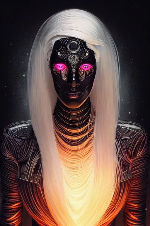 Prompt: Supermodel woman turning into an Android portrait, dark surrealism , scifi, intricate design, elegant, sharp black eyebrows, ornate long flowing platinum blonde hair and small black streaks, highly detailed cybernetic body, neon glowing eyes, digital painting, artstation, concept art, smooth, sharp focus, illustration, art by Artgerm and moebius and Peter Mohrbacher