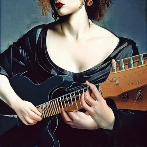 Prompt: Anna Calvi playing electric guitar by Caravaggio and Gottfried Helnwein, masterpiece