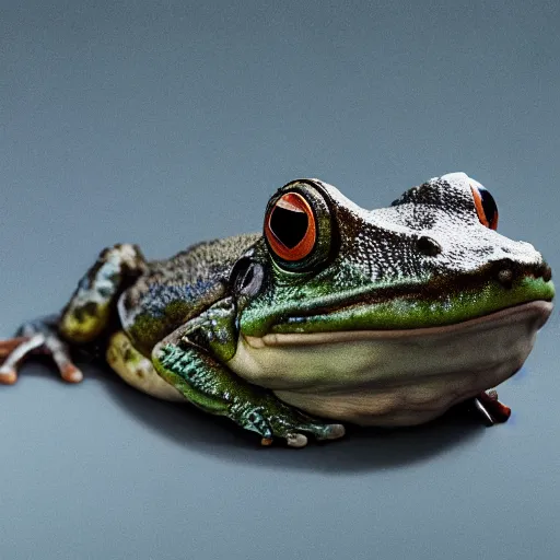 Image similar to hyperrealistic mixed media image of a frog whose head resembles alex jones, stunning 3 d render inspired art by greg rutkowski and xiang duan and thomas eakes, perfect symmetry, flesh texture, realistic, highly detailed attributes and atmosphere, dim volumetric cinematic lighting, 8 k octane detailed render, post - processing, masterpiece,