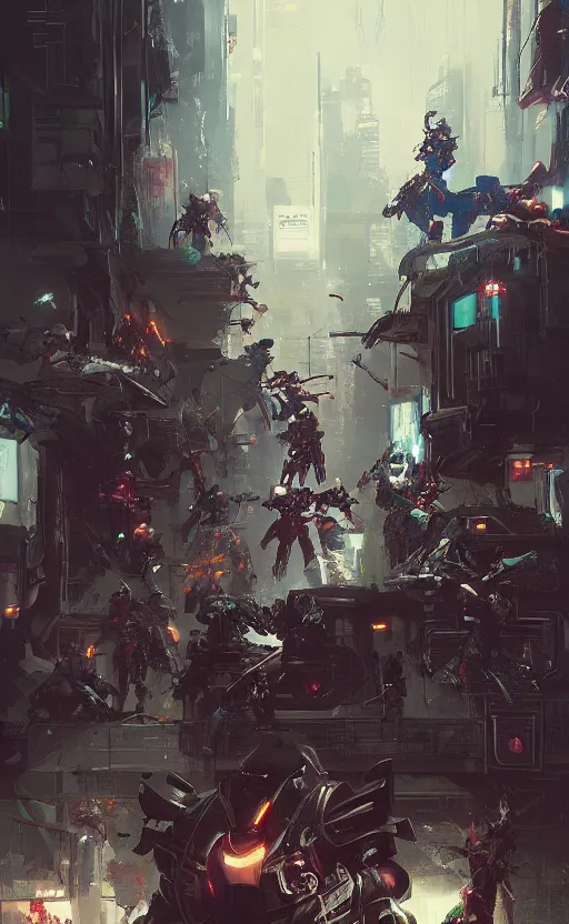 Image similar to cyberpunk samurai, crowd, cyber mech, machenic, arcane, by fortiche, by greg rutkowski, esuthio, craig mullins, wlop