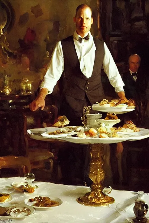 Image similar to portrait of a respectable dignified royal business elite politician standing on top of a finely set table calmly stepping in the food art by anders zorn, wonderful masterpiece by greg rutkowski, beautiful cinematic light, american romanticism by greg manchess, jessica rossier