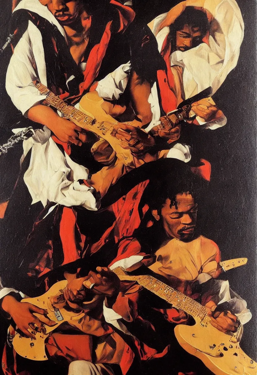 Prompt: Jimy Hendrix playing electric guitar, oil painting by Caravaggio, masterpiece