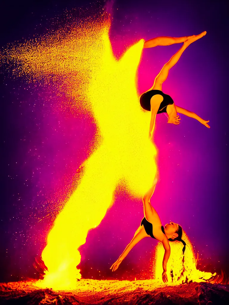 Image similar to a perfect colorised portrait photograph of a backflip woman, erupting in every direction, jets of glowing effluent and metallic chunks.