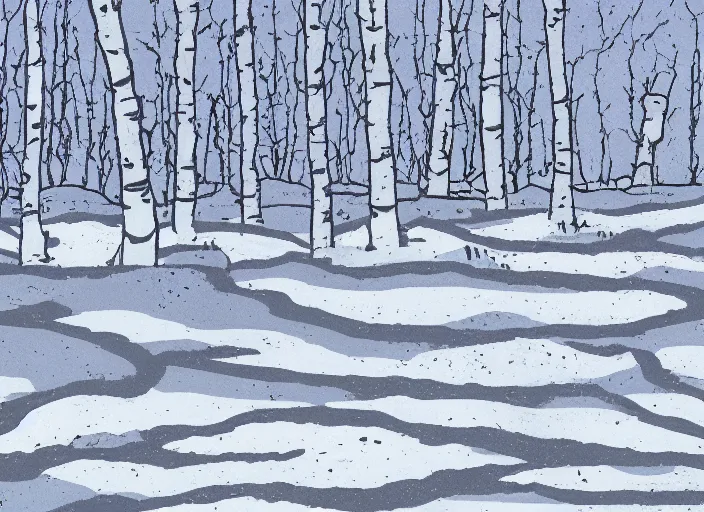 Image similar to stark minimalist rocky snowdrift birch landscape background from calvin and hobbes by bill watterson