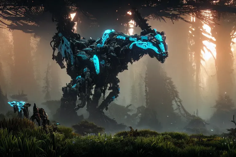 Image similar to wide epic shot. a hyper detailed organic mechanic creatuve realistic similar look as horizon forbidden west horizon zero dawn, bioluminiscence in a dark deep forest at dawn in spring, with reflection and textures, by kilian eng, substance painter reaslitic mech surface metal painted scratches, world env from horizon forbidden west horizon zero dawn