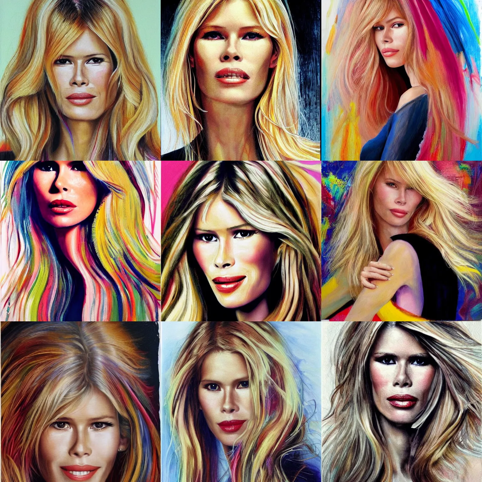 Prompt: Claudia Schiffer, smooth painting, art, detailed, colorful, smiling, beautiful hair, deep look, intense atmosphere