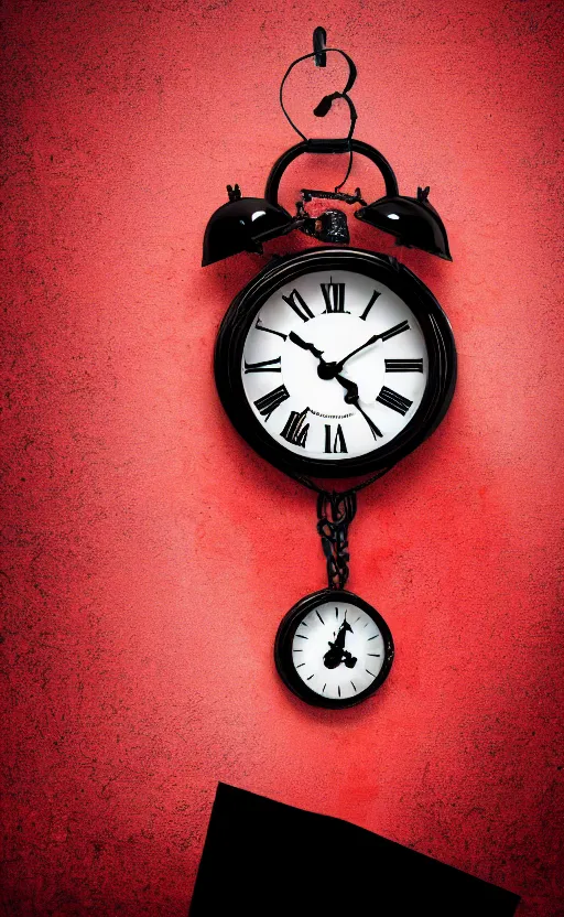 Image similar to a melting Roman numeral clock, behind a red and black gradient background, awith a black heart shaped on the top left corner and a black diamond card shape in the bottom right corner, dynamic lighting, photorealistic fantasy concept art, trending on art station, stunning visuals, cinematic, creative, ultra detailed