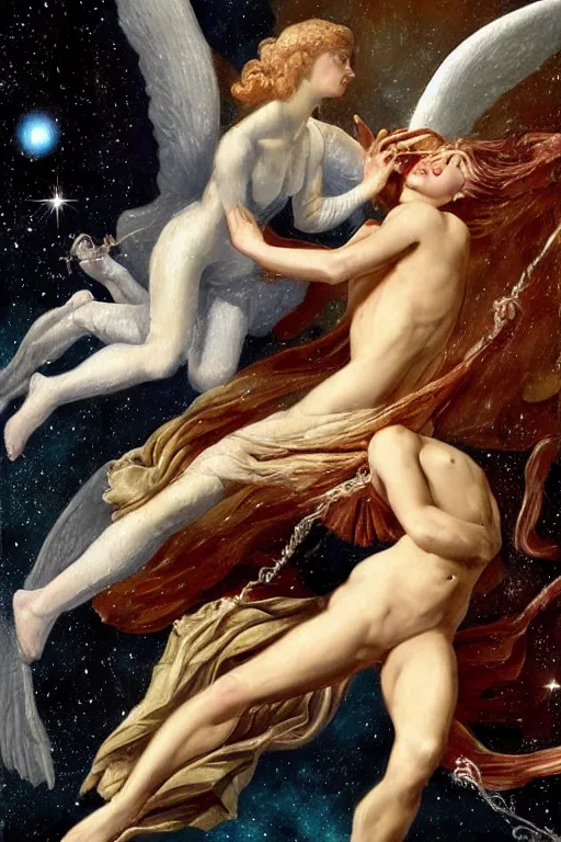 Prompt: angel falling to andromeda, very high resolution images, very fine details, looks very realistic, rennaissance style painting, drawn by yulia iosilzon, and simone graci, plus a touch from raden pious in the depth of color and emotion