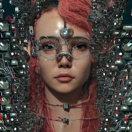 Prompt: give me a higher love, piles of modular synth cables, kawaii puerto rican goddess swimming up wearing a headpiece made of circuit boards, by cameron gray, wlop, stanley kubrick, masamune, hideki anno, jamie hewlett, unique perspective, trending on artstation, 3 d render, vivid