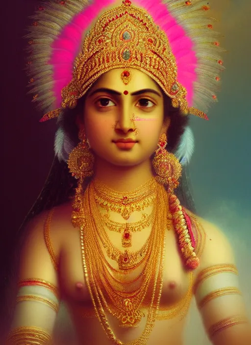 Image similar to stunning indian godess princess, detailed pink and white feathers head peace against a black backdrop by ivan aivazovsky, 3 / 4 view portrait, wlop, super sharp details, photorealism, canon 5 d, 5 0 mm lens, stunning photoshot, beautiful soft lighting, muted colours, artstation