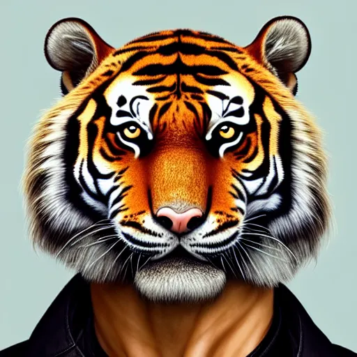 Image similar to portrait of a tiger with a humanoid face, male, handsome, masculine, full body, red hair, long hair, soft hair, fantasy, intricate, elegant, highly detailed, suit, coffee shop, digital painting, artstation, concept art, character art, smooth, sharp focus, illustration, art by artgerm and greg rutkowski and alphonse mucha