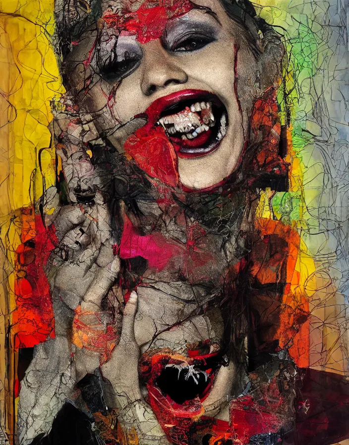 Prompt: laughing with fear detailed analogue mixed media collage with canvas texture in style of contemporary art, punk art, hyperrealistic beautiful face, photorealistic, expressionism, masterpiece, perfect composition, spectacular quality, intricate oil details