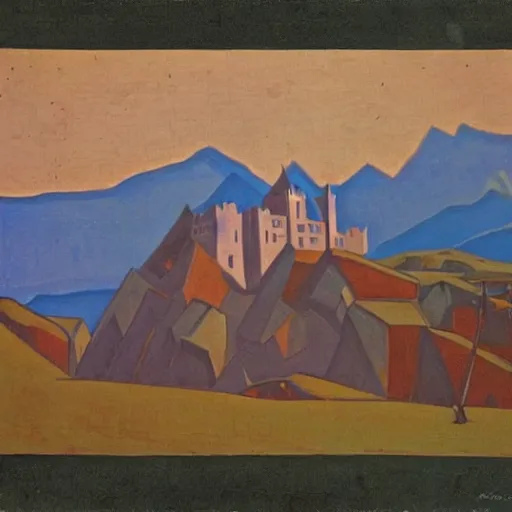 Prompt: A castle in the mountains by Nicholas Roerich