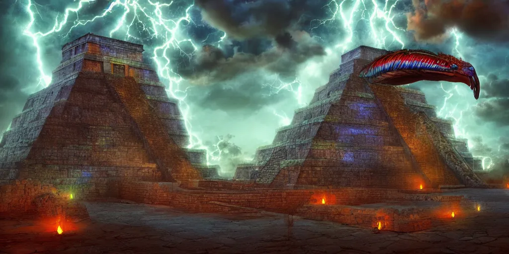 Image similar to Quetzalcoatl  the feathered serpent deity hovering above a giant mayan temple by Liam Wong and Boris Vallejo, stone carving, colorful, octane render, highly detailed, realistic, cinematic lightning, medium shot, mid-shot, highly detailed, trending on artstation, Unreal Engine 4k