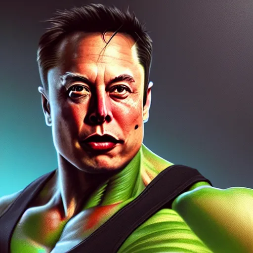 Image similar to elon musk as the incredible hulk, trending on artstation, ultra realistic, portrait, only head and shoulders, fine detail, intricate hair, fine textures, soft shadows, hdr, digital art