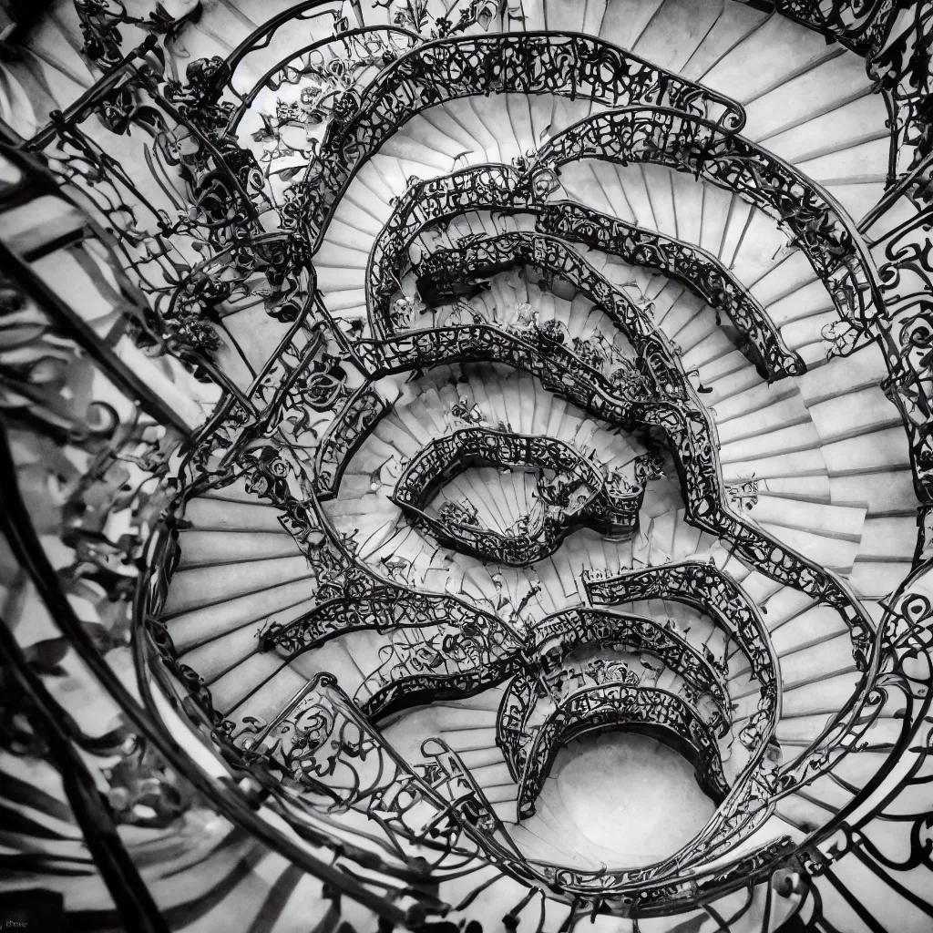 Image similar to movie still, grand spiral staircase going down deep in a dark hole, baroque, by etienne - louis boullee and gaudi, dramatic volumetric cinematic light, chiaroscuro, leica, high quality, high detailed, detailed patterns pop art