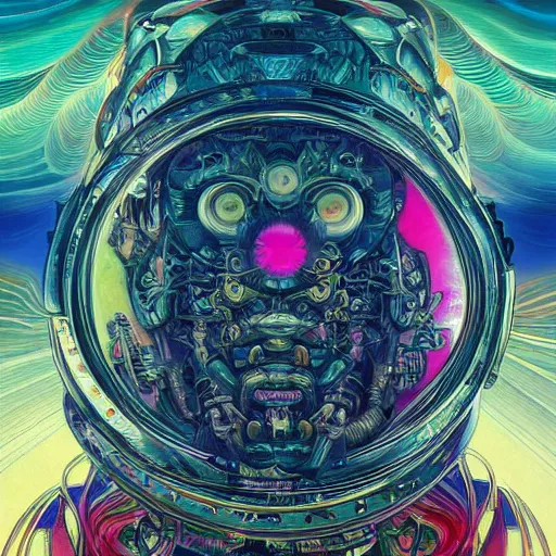 Prompt: An extremely psychedelic experience, colorful, surreal, mecha, LSD, face, jet turbine, tarot, detailed, intricate, elegant, highly detailed, super detailed, insane detailed, digital painting, concept art, smooth, sharp focus, illustration, art by Krenz Cushar, Marco Plouffe, dan mumford, Artem Demura and alphonse mucha