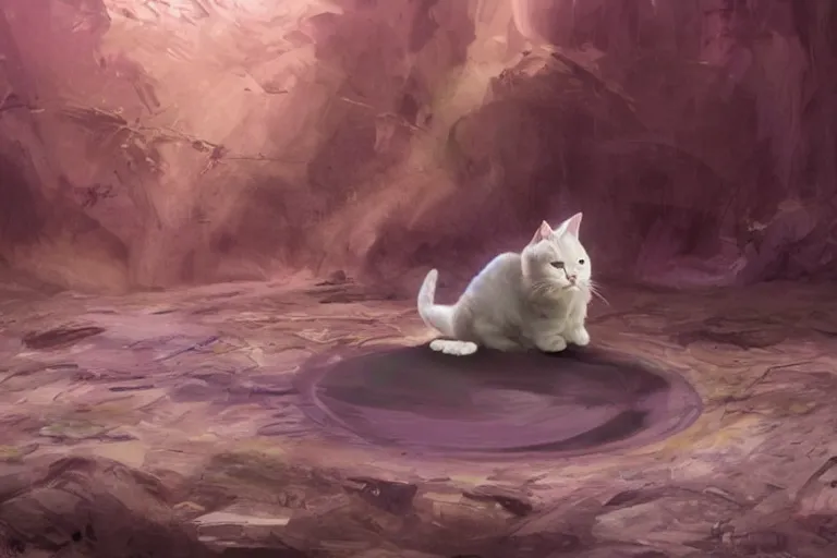 Prompt: concept art, digital art, matte painting, award winning on Artstation by John Romita jr. A white cat sitting. a purple garden on an Exoplanet